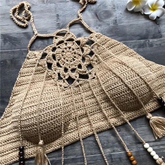 Bohemian Crochet Tassel Beaded Floral Crop Top - Picture 7 of 16